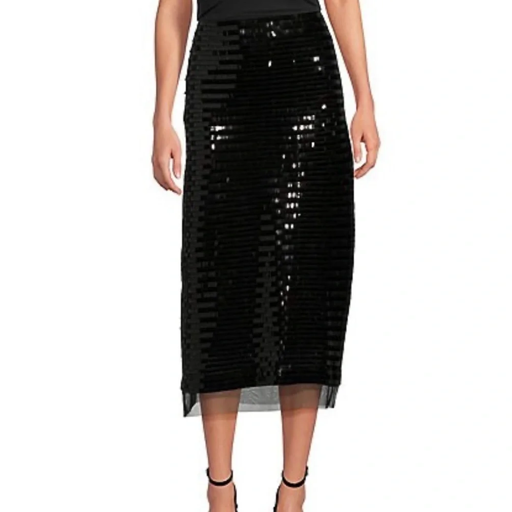 Le AL.X Black Sequin Knit High Rise Sheath Slip Midi Skirt Size 0 NWT